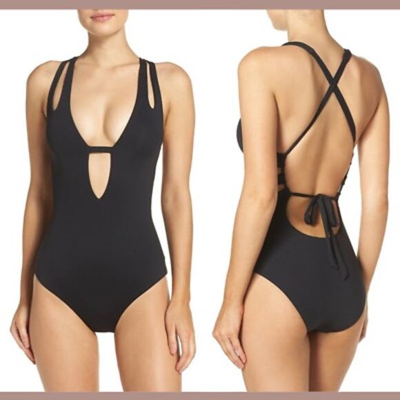 BECCA Prism Cutout One Piece Black Plunge Neck Swimsuit Size Small - Picture 1 of 6